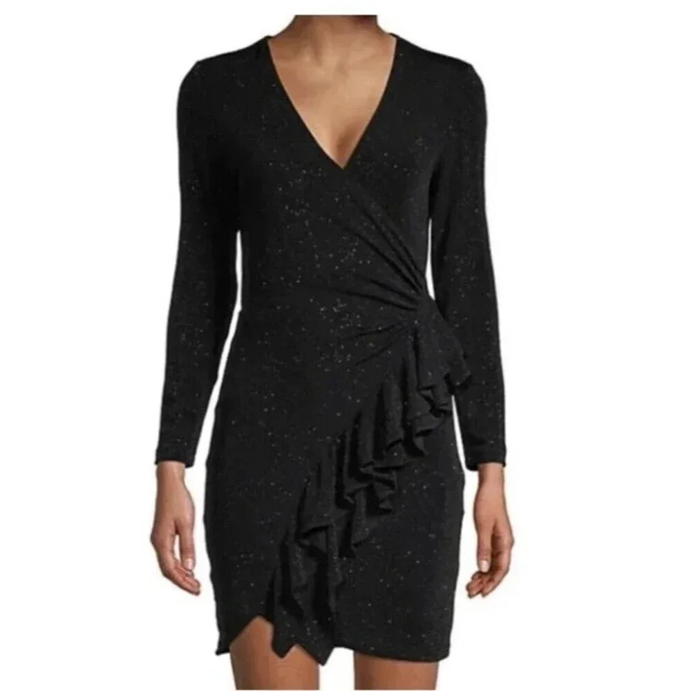 IRO Hime Shimmer Ruffle Bodycon Dress Wrap Black Sparkle Cocktail Size 42/XL